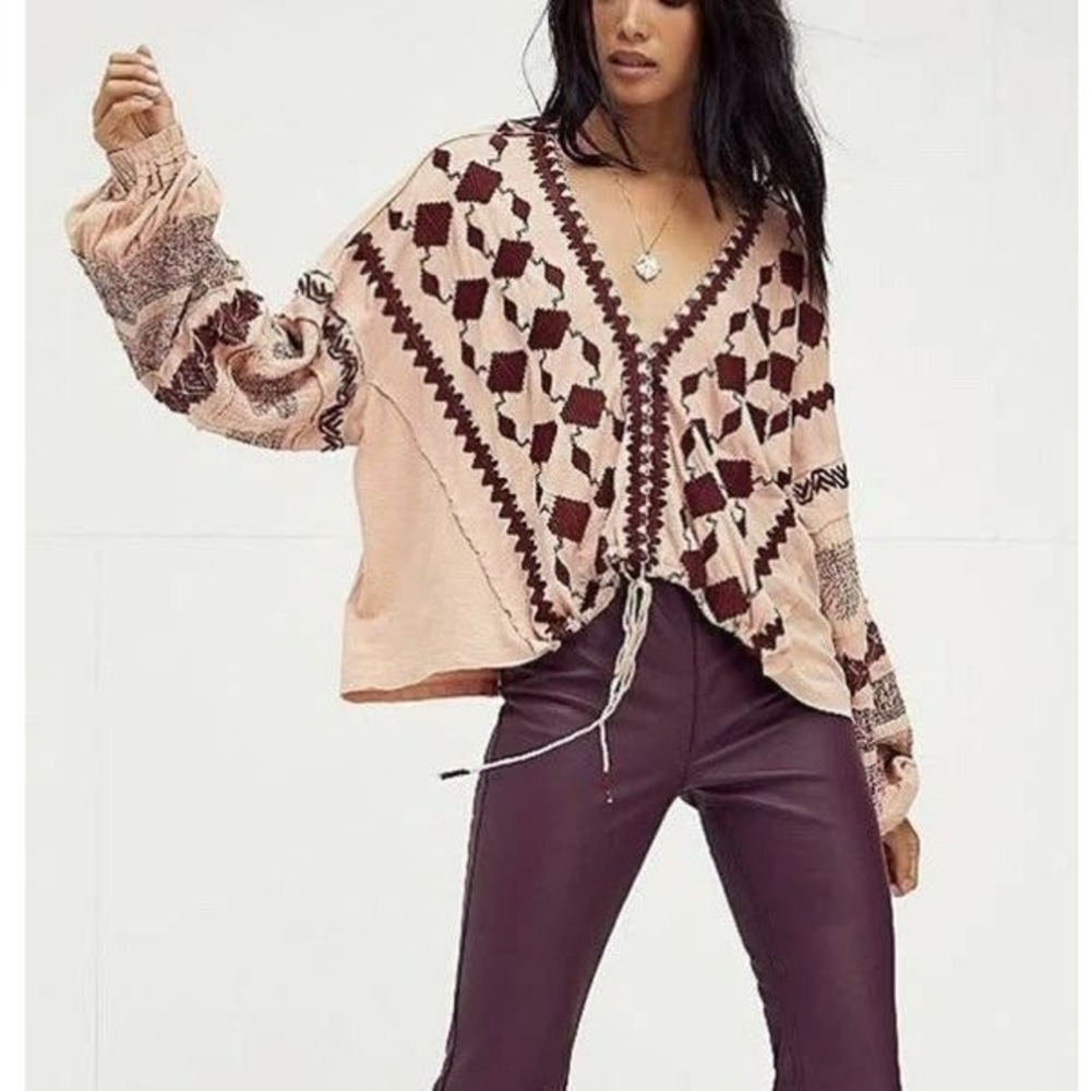 Free People Hometown Tie‎ Front Sweater Top S Embroidered Boho Peasant Oversized